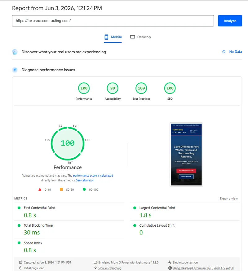 Mobile PageSpeed Insights and Lighthouse report showing 95+ Mobile Green-Zone Performance, accessibility, best practices, and SEO scores for Texas ROC, proving elite mobile engineering standards.